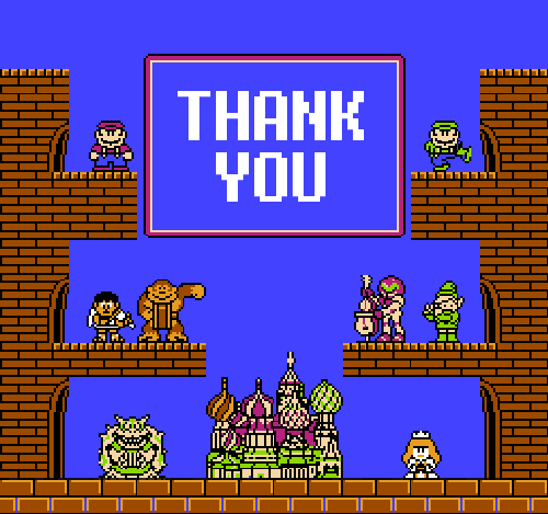 Nintendo characters dancing saying thank you.